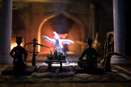 Exquisite Arabian Interior: Realistic Miniature Depicting Table Decorations and a Swirling Dervish....