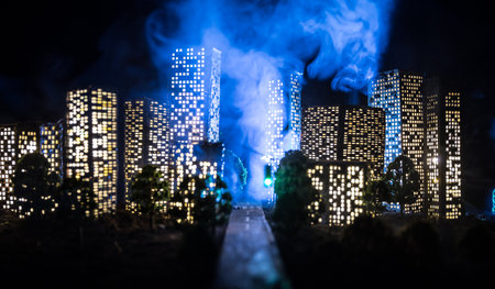 Cartoon style city buildings. Realistic city building miniatures with lights. background. Decorative city. Selective focusの写真素材