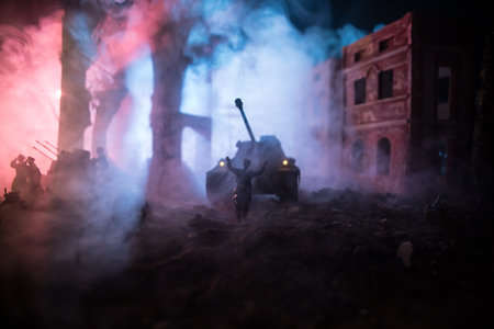 War Concept. Military silhouettes fighting scene on war fog sky background, World War Soldiers Silhouette Below Cloudy Skyline At night. Battle in ruined city. Selective focusの写真素材