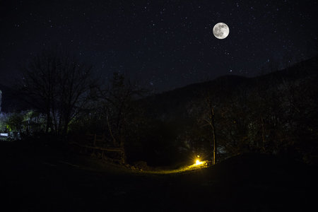 Mountain Road through the forest on a full moon night. Scenic night landscape of country road at night with large moon. Azerbaijan natureの写真素材