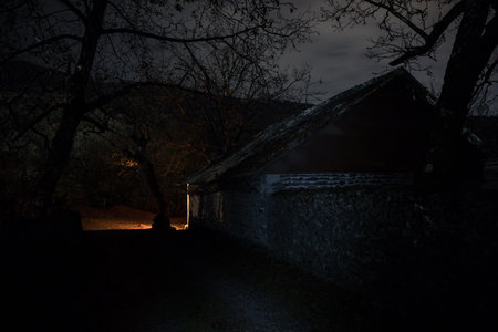Embrace the eerie ambiance of a moonlit night as an ancient, haunted mansion emerges from the dense, mist-covered forest, surrounded by the whispers of the dead treesの写真素材