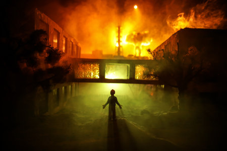 Creative artwork decoration. Chernobyl nuclear power plant at night. Layout of abandoned Chernobyl station after nuclear reactor explosion. Selective focusの写真素材