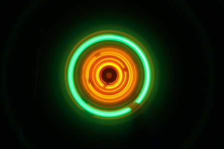 Trail of fire and smoke on vinyl record. Burning vinyl disk. Turntable vinyl record player on dark background. selective focusの写真素材