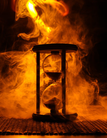 Hourglass as time passing concept for business deadline, urgency and running out of time. Sandglass, egg timer on dark background showing the last second or last minute or time out. With copy space.の写真素材