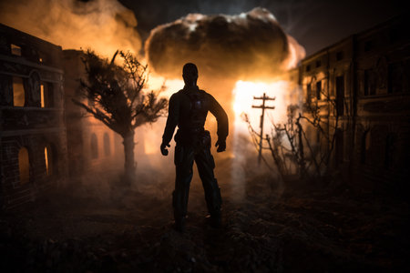 Artwork decoration. A silhouette standing on a road of burnt up city. Apocalyptic view of city downtown as disaster film poster concept. Night scene. City destroyed. Selective focusの写真素材