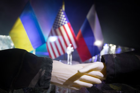 Handshake Between Russia and Ukraine: Mediation for Peace and the end of the war. Tabletop Miniatureの写真素材