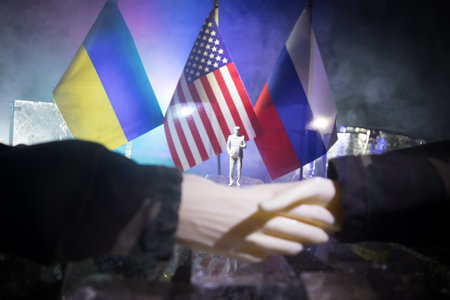 Handshake Between Russia and Ukraine: Mediation for Peace and the end of the war. Tabletop Miniatureの写真素材