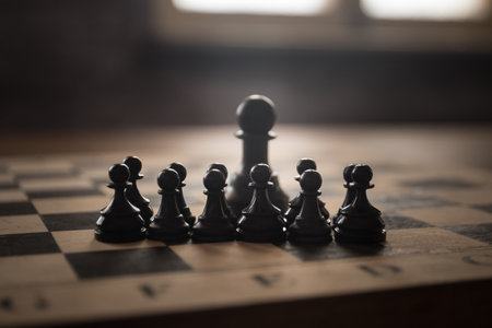 Chess board game concept of business ideas, competition and strategy. Chess figures on a dark background with smoke and fog. Selective focusの写真素材