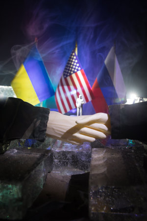 Handshake Between Russia and Ukraine: Mediation for Peace and the end of the war. Tabletop Miniatureの写真素材