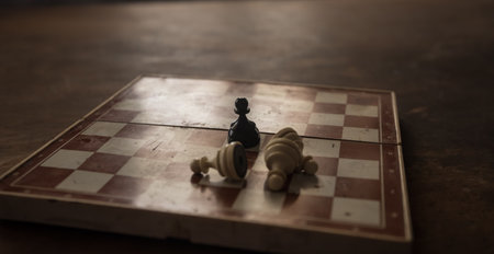Chess board game concept of business ideas, competition and strategy. Chess figures on a dark background with smoke and fog. Selective focusの写真素材