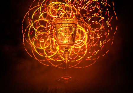 Wine glass on dark bar background low light. Colorful wine glasses with light on backside in selective focusの写真素材