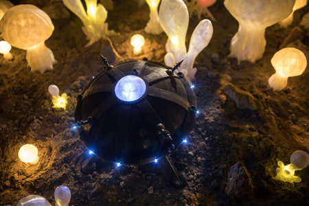 Abstract Miniature of Another Planet with Giant Glowing Mushrooms. A Nighttime Scene on an Alien World, Illuminated by the Soft Glow of Otherworldly Fungi. Selective focusの写真素材