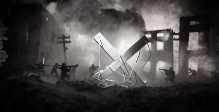 Concept of war or manipulation with global politics. The puppeteer controls soldiers. Night battle scene. Military fighting silhouettes in destroyed city. Selective focusの写真素材