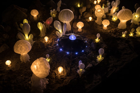Abstract Miniature of Another Planet with Giant Glowing Mushrooms. A Nighttime Scene on an Alien World, Illuminated by the Soft Glow of Otherworldly Fungi. Selective focusの写真素材