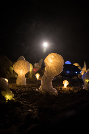 Abstract Miniature of Another Planet with Giant Glowing Mushrooms. A Nighttime Scene on an Alien...
