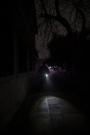 Mysterious pathway. Footpath in the dark, foggy, autumnal, mysterious forest. Long exposure shot