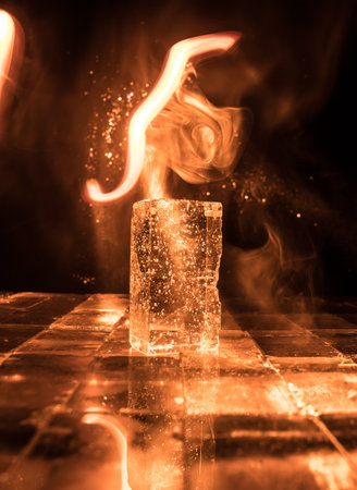 Colorful Glass Bricks Illuminated in Darkness: Vibrant Light Beams and Smoke Effects Creating a Stunning Futuristic Glowの写真素材