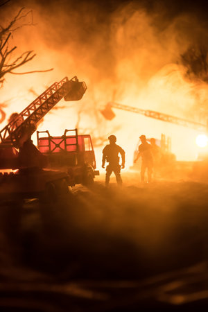 A tabletop diorama of a tragic California wildfire, set in Pacific Palisades near Malibu. Dramatic...