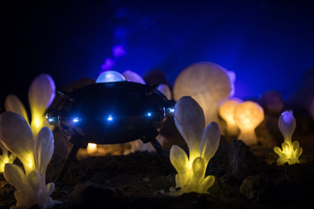 Abstract Miniature of Another Planet with Giant Glowing Mushrooms. A Nighttime Scene on an Alien World, Illuminated by the Soft Glow of Otherworldly Fungi. Selective focusの写真素材
