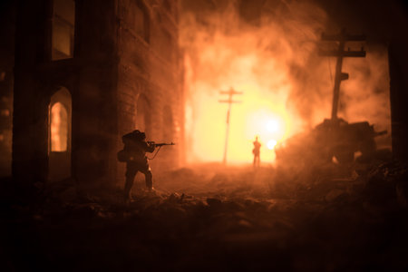 Army sniper with large caliber rifle standing in the fire and smoke. Battle scene on war fog sky...