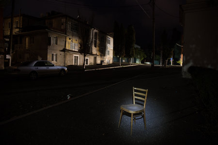 Abandoned City Streets at Night. Nobody at buildings. Long shutter speed shotの写真素材