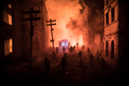 Army sniper with large caliber rifle standing in the fire and smoke. Battle scene on war fog sky background, Fighting silhouettes Below Cloudy Skyline at night. City destroyed by warの写真素材