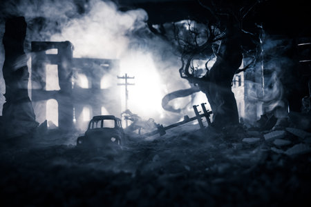 Nuclear war apocalypse concept. Explosion of nuclear bomb in city. City destroyed by atomic war. Creative artwork decoration in dark. Selective focusの写真素材