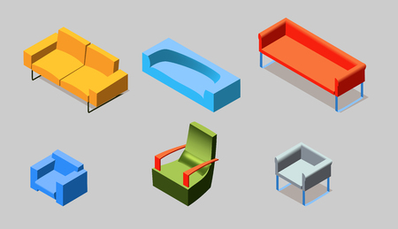 Set of isometric icons of a sofa and an armchair, vector.のイラスト素材