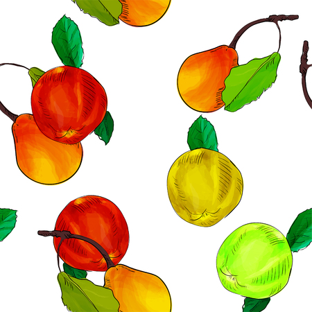 Hand drawn pattern with pear and apple  on a white background.のイラスト素材
