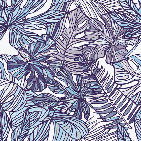 Tropical exotic flowers and plants with green leaves of palm. Seamless pattern. Fashion vintage summer wallpaper.のイラスト素材