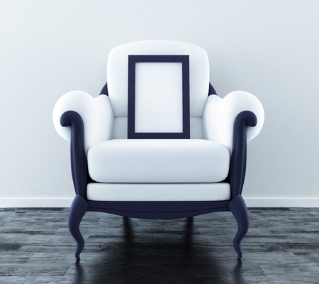 Blank white frame with chair in the bright interior.の写真素材