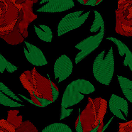 Seamless pattern of peonies on a black background. Imitation embroidery.のイラスト素材