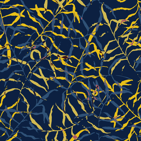 Seamless tropical pattern. Beautiful exotic abstract allover design. Palm leaves of different shapes on dark background, for fashion, interior, stationery, web.のイラスト素材