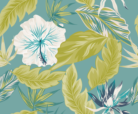 Tropical flowers, jungle leaves, bird of paradise flower. Beautiful seamless vector floral pattern background, exotic printの写真素材