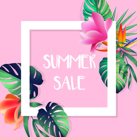 Summer background tropical plants, flowers.のイラスト素材