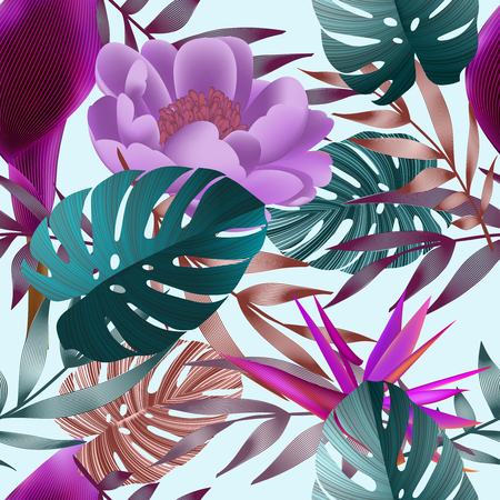 Tropical flowers, jungle leaves.のイラスト素材