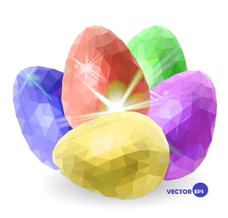 Easter eggs set for you Happy Easter. Colorful chicken eggs- blue, red, green, violet and gold with shine light. Low poly triangle style. Painted eggs for Easter, religion and traditions.のイラスト素材
