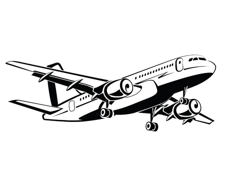 Plane is landing and take-off, the gear. Travel and transportation. Plane icon in monochrome style. Airlines. Airplane flying in the sky. Airplanes silhouettes high detailed. Business travelのイラスト素材