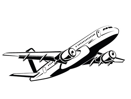 Airplane, plane on takeoff, passenger plane. Airlines. Airport and travel transport. Business and economy class. Symbol and icon design, monochrome style, hand drawing.のイラスト素材