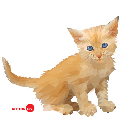 Red baby cat, little kitten illustration silhouette on the white background isolated, made in triangle polygons style.のイラスト素材