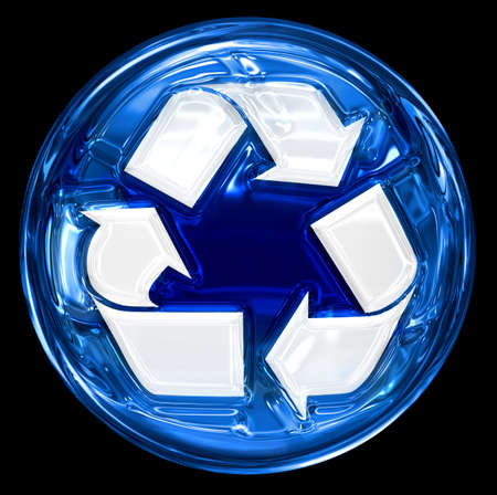Recycling symbol icon blue, isolated on black background.の写真素材