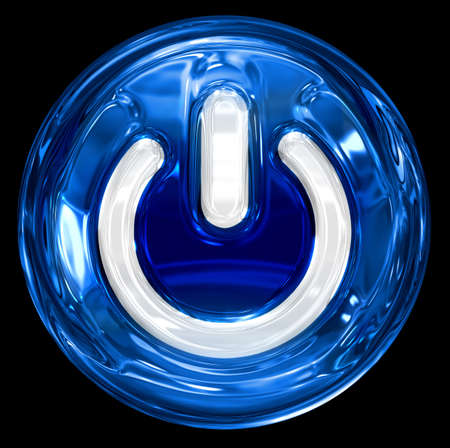 power button blue, isolated on black background.の写真素材