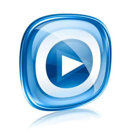 Play icon button blue glass, isolated on white background.の写真素材