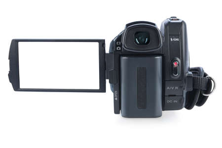 Camcorder with open lcd display, isolated on white background. Screen has a clipping path.の写真素材