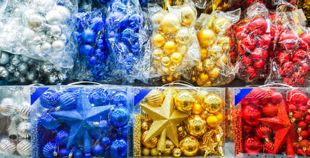Colored Christmas toys in store. Christmas decorationsの写真素材