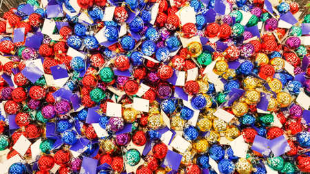 Colored Christmas toys in store. Christmas decorations.の写真素材