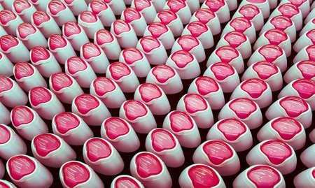 Deodorant, bottles with pink lids in a row. Backgroundの写真素材