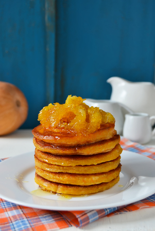 Pancake with pumpkin and orangeの写真素材