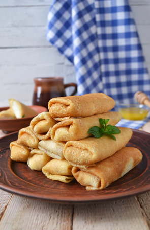 Pancakes with curd on a large plateの写真素材