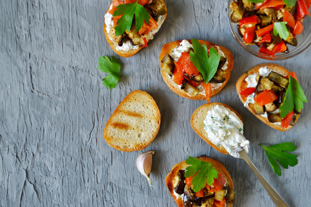 bruschetta with mascarpone, pepper and eggplant grilledの写真素材